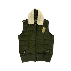 roxy puffer vest fur trim small ski snow gold hardware winter insulated zip up